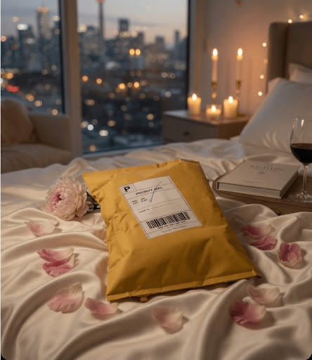 A yellow priority mail shipping envelope resting on a satin bedsheet strewn with pink rose petals, alongside a book, a glass of red wine, and a bedside table with candles, overlooking a glowing city skyline at dusk