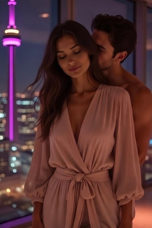 Intimate couple with Toronto skyline view for couples play collection, serving Toronto, Mississauga, Oakville and the GTA. Discreet sex toys toronto and same-day adult wellness delivery in Toronto, Mississauga, Oakville, and surrounding areas