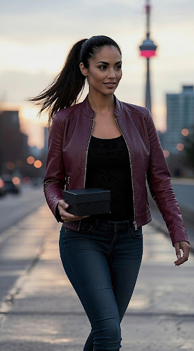 Woman walking outside with the Toronto skyline in the background, representing discreet sex toys toronto and same-day delivery services.. Discreet sex toys toronto and same-day adult wellness delivery in Toronto, Mississauga, Oakville, and surrounding areas