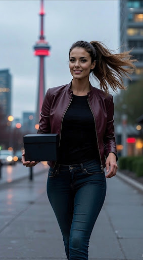 A model carrying a sleek black delivery box while walking down an outdoor urban sidewalk, with the CN Tower visible in the background.