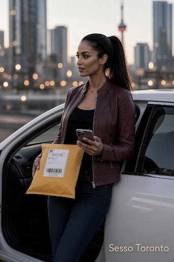 A professional courier in a burgundy leather jacket holding a yellow delivery package and a mobile phone next to a white car, with the Toronto skyline and CN Tower visible in the background at sunset.